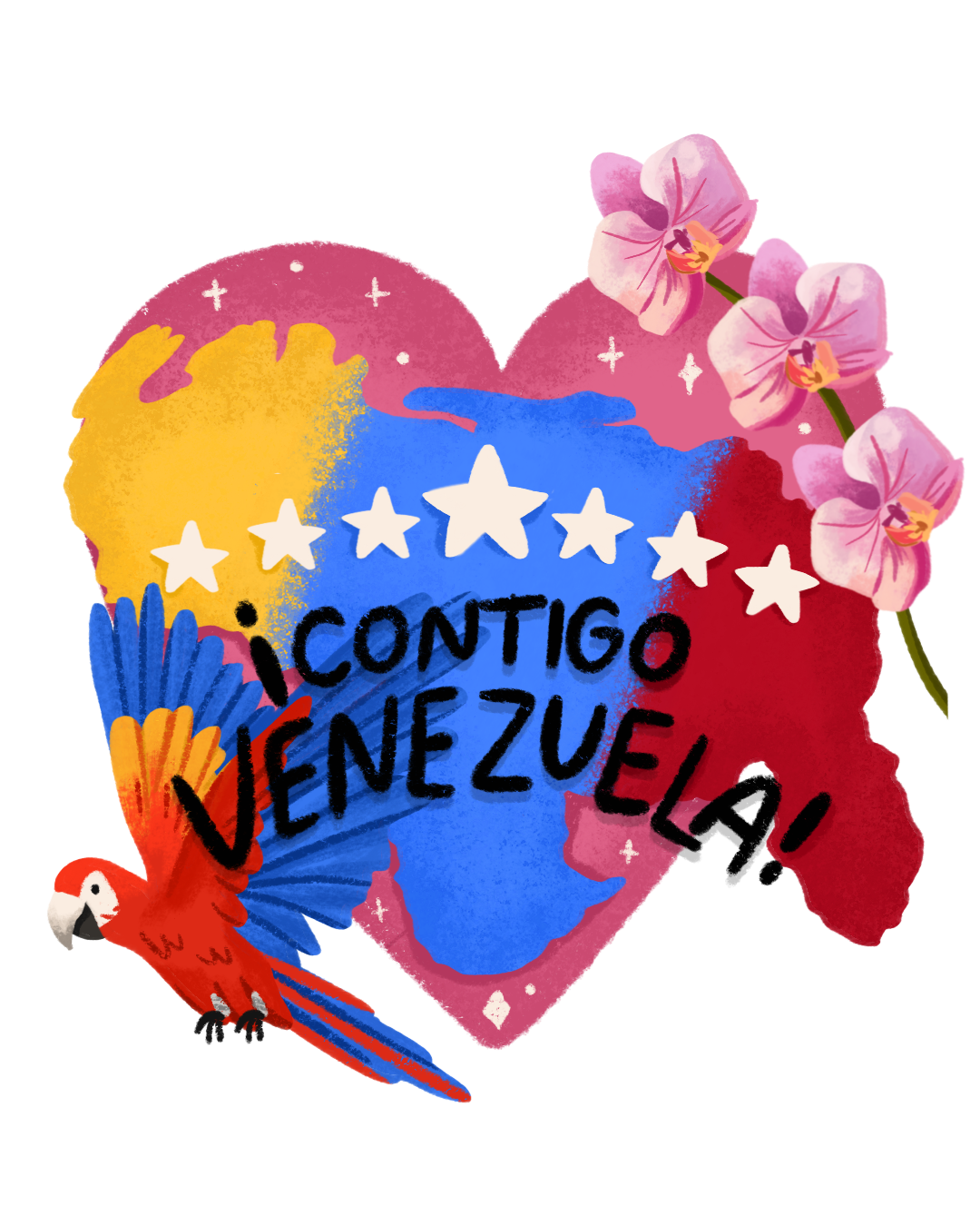 Contigo Venezuela heart-shaped sticker sheet with Venezuela flag colors, orchids, and a parrot